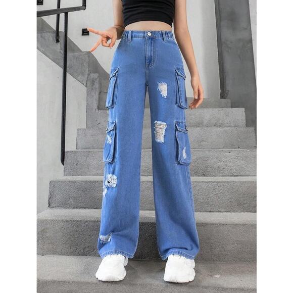SHEIN Tween Girls Jeans Cargo Style Denim Straight Pants Sz 12 - Picture 1 of 8